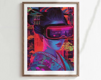 May include: A framed wall art print featuring a person with dark hair styled in a traditional updo with hairpins, wearing a patterned kimono and a glowing neon pink virtual reality headset. The artwork uses vibrant shades of red, blue, and purple.
