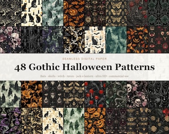 Gothic Halloween Seamless Digital Paper Bundle, 48 Vintage Witchy Spooky Bat Skull Raven Patterns, Dark Halloween Backgrounds, Commercial Us