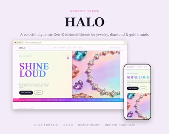 Jewelry Shopify Theme, Colorful Diamond Gold Store Template, Gen Z Aesthetic Animated OS 2.0 Website, Instant Download