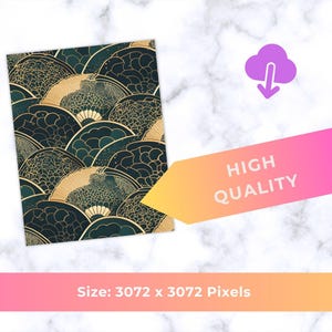 May include: A digitally created pattern featuring a repeating design of stylized fan shapes in shades of teal and gold. The words "HIGH QUALITY" are displayed on a pink and orange arrow. The image size is 3072 x 3072 pixels.