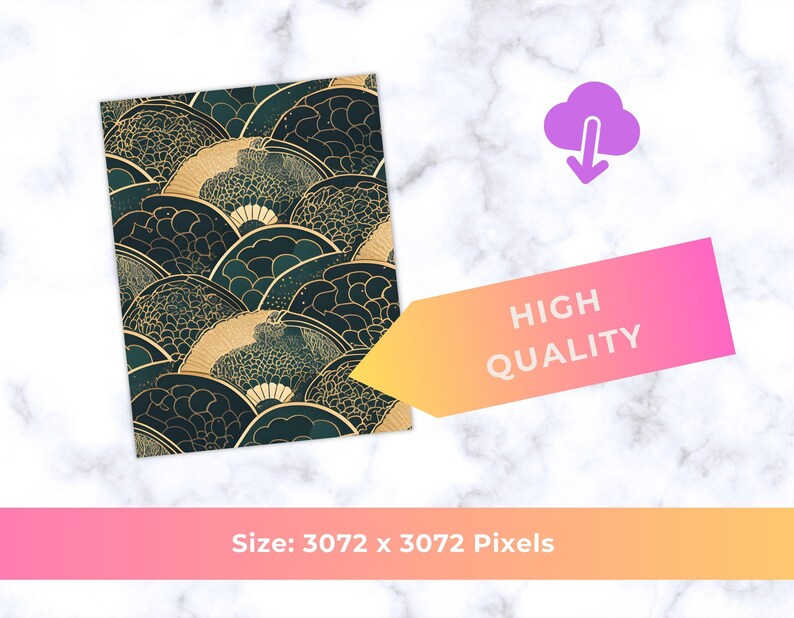 May include: A digitally created pattern featuring a repeating design of stylized fan shapes in shades of teal and gold. The words "HIGH QUALITY" are displayed on a pink and orange arrow. The image size is 3072 x 3072 pixels.
