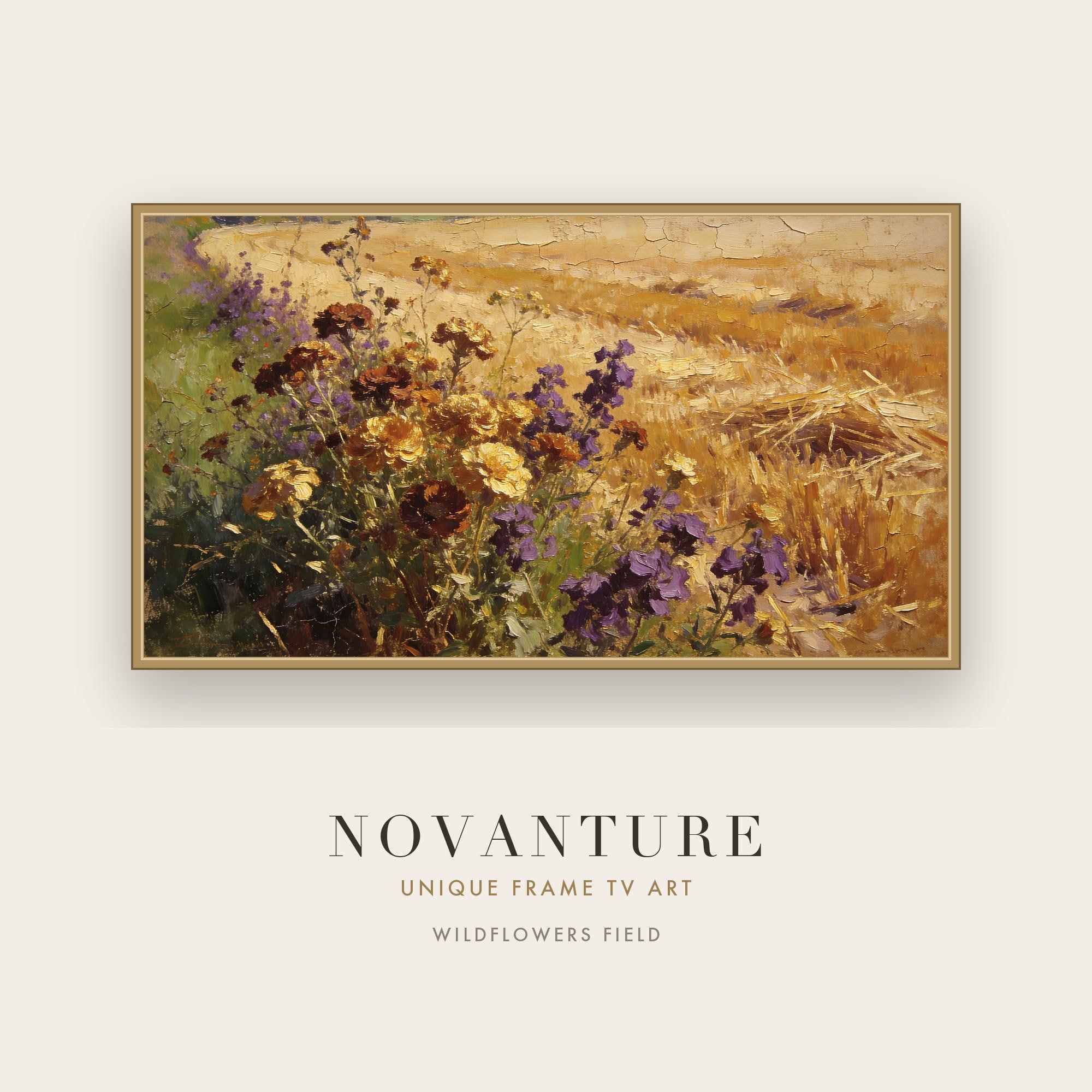 Samsung Frame TV Art Wildflowers Field Impressionist Golden Purple Painting
