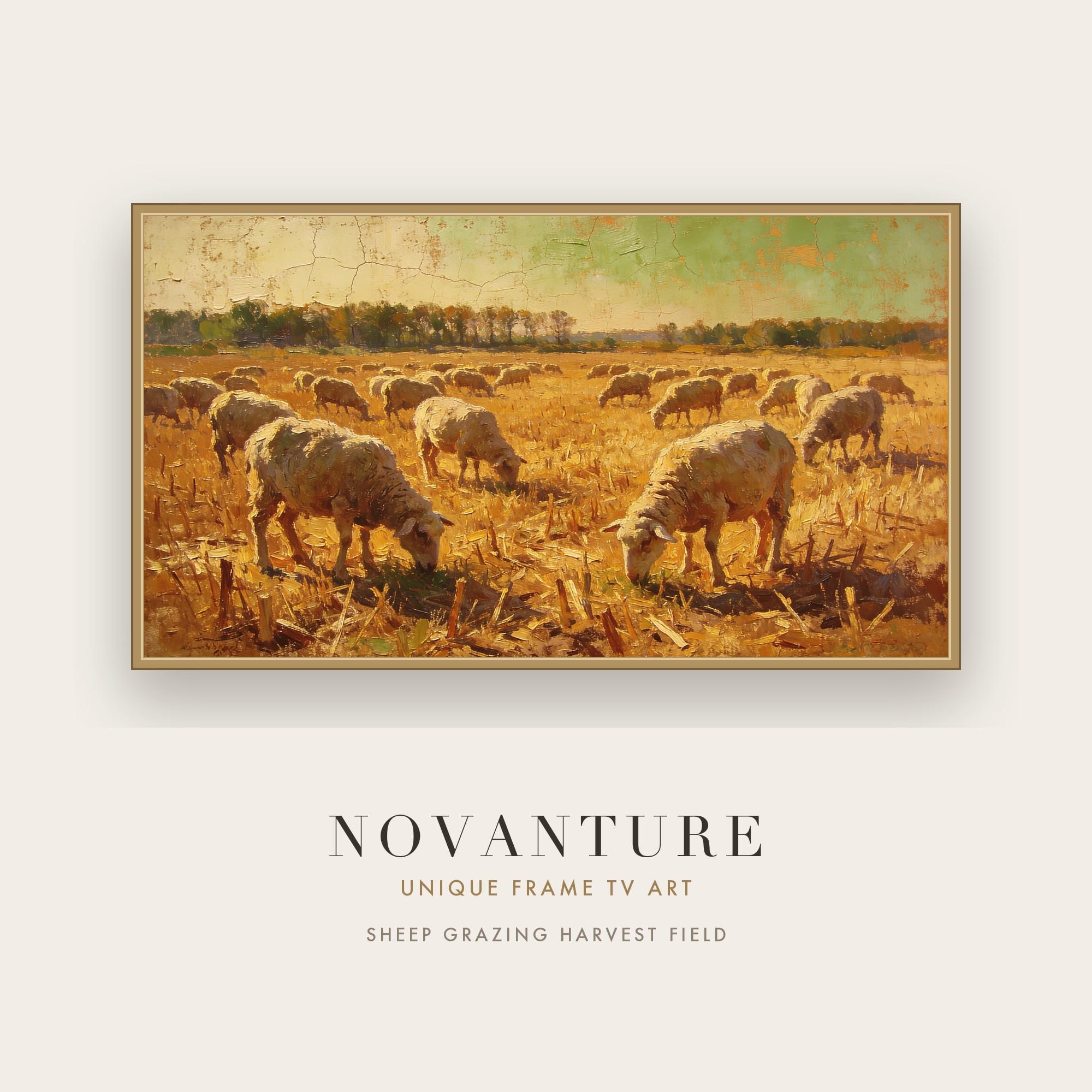 Samsung Frame TV Art Sheep Grazing Harvest Field Vintage Pastoral Impressionist