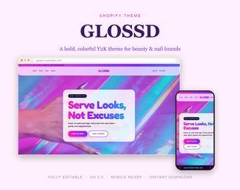 Beauty Shopify Theme, Y2K Cosmetics Nails Template, Bold Colorful OS 2.0 Website, Instant Download