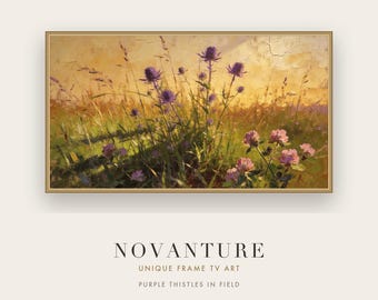 Samsung Frame TV Art Purple Thistles Wildflowers, Impressionist Painting Golden Yellow Field