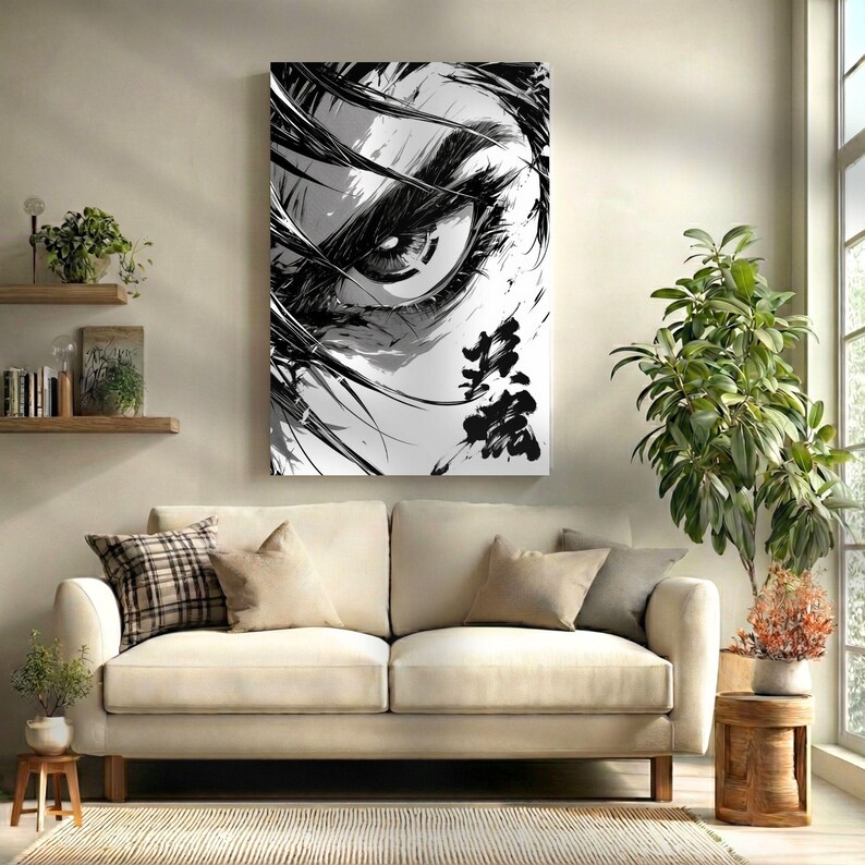 Dark Anime Eyes Art Print Triptych, Black White Manga Gallery Wall Decor (Digital Download) image 2