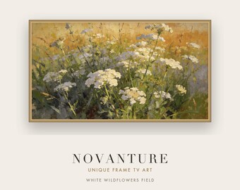 Samsung Frame TV Art White Wildflowers Field, Impressionist Golden Landscape Painting