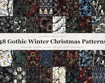 Gothic Winter Christmas Seamless Digital Paper Bundle, 48 Dark Moody Black Holly Bauble Nutcracker Patterns, Goth Xmas Backgrounds, Commerci