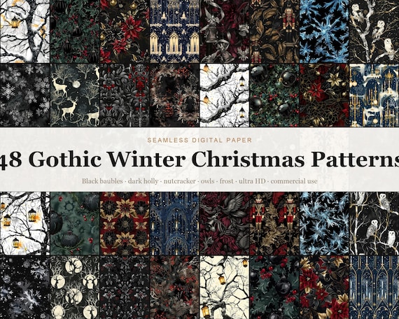 Gothic Winter Christmas Seamless Digital Paper Bundle, 48 Dark Moody Bla