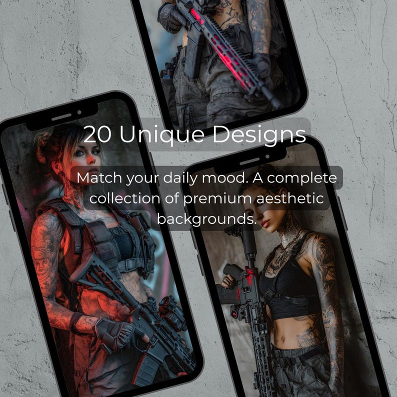 May include: Three smartphones showing images of a person with tattoos holding a rifle. The screens display the text "20 Unique Designs" and "Match your daily mood. A complete collection of premium aesthetic backgrounds."