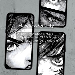 Pu&ograve; includere: Custodie per telefono in bianco e nero con illustrazioni di occhi in stile manga. Le custodie mostrano il testo "Flawless Quality", "High-Resolution Details", "Optimized for OLED Screens" e "Perfect fit for iOS & Android".