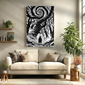 May include: Black and white art print of a surreal forest scene. A figure in a long coat stands at the edge of a path leading into a dark forest with a swirling tree at the top. The artwork is displayed above a cream-colored sofa.