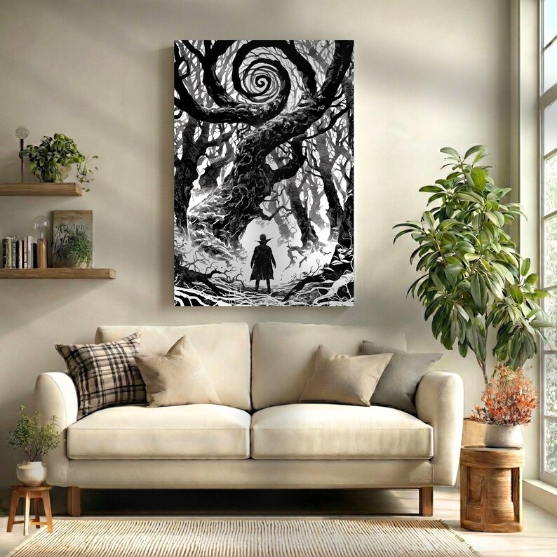 May include: Black and white art print of a surreal forest scene. A figure in a long coat stands at the edge of a path leading into a dark forest with a swirling tree at the top. The artwork is displayed above a cream-colored sofa.