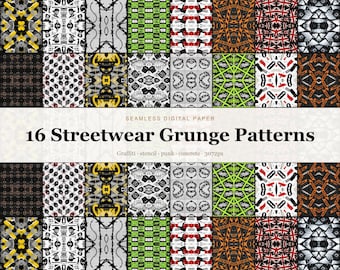 16 Streetwear Grunge Seamless Patterns, Punk Graffiti Distressed Digital Paper, Urban Backgrounds (Digital Download)