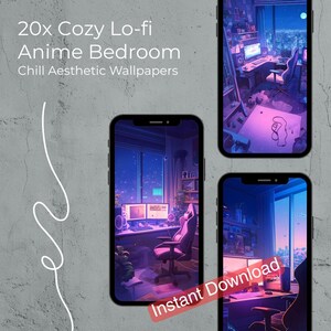 May include: A digital art image featuring three smartphones displaying anime bedroom scenes. The text "20x Cozy Lo-fi Anime Bedroom Chill Aesthetic Wallpapers" is at the top. A red banner at the bottom of one phone reads "Instant Download".