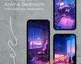 May include: A digital art image featuring three smartphones displaying anime bedroom scenes. The text "20x Cozy Lo-fi Anime Bedroom Chill Aesthetic Wallpapers" is at the top. A red banner at the bottom of one phone reads "Instant Download".