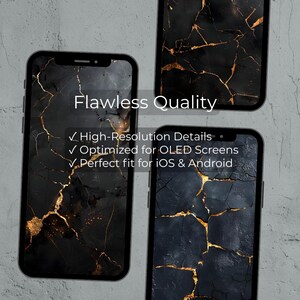 May include: Three smartphone cases with a black marble design and gold veining are displayed. The cases have the text "Flawless Quality" and feature high-resolution details, optimized for OLED screens, and a perfect fit for iOS & Android.
