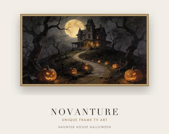 May include: A rectangular framed digital art piece depicting a dark, spooky landscape with a large Victorian-style house on a hill under a full moon. A winding path leads to the house, flanked by bare trees and glowing, carved jack-o'-lanterns.