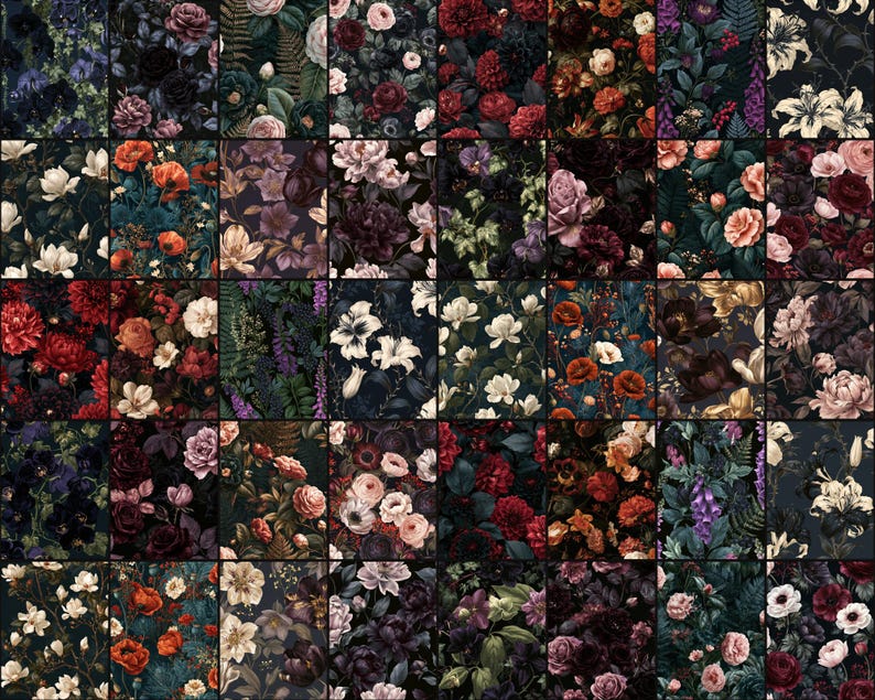 Moody Dark Floral Patterns digital paper bundle