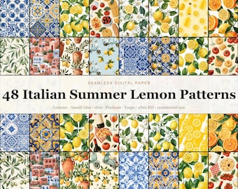 Italian Summer Lemon Seamless Digital Paper Bundle, 48 Amalfi Mediterranean Lemon Olive Majolica Patterns, Watercolor Backgrounds, Commercia