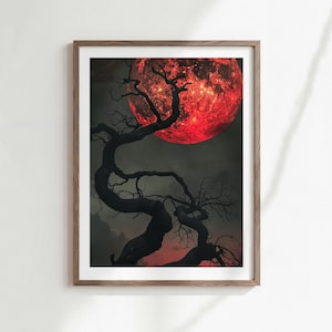 Gothic Red Moon Wall Art Print, Twisted Tree Digital Download Print image 1