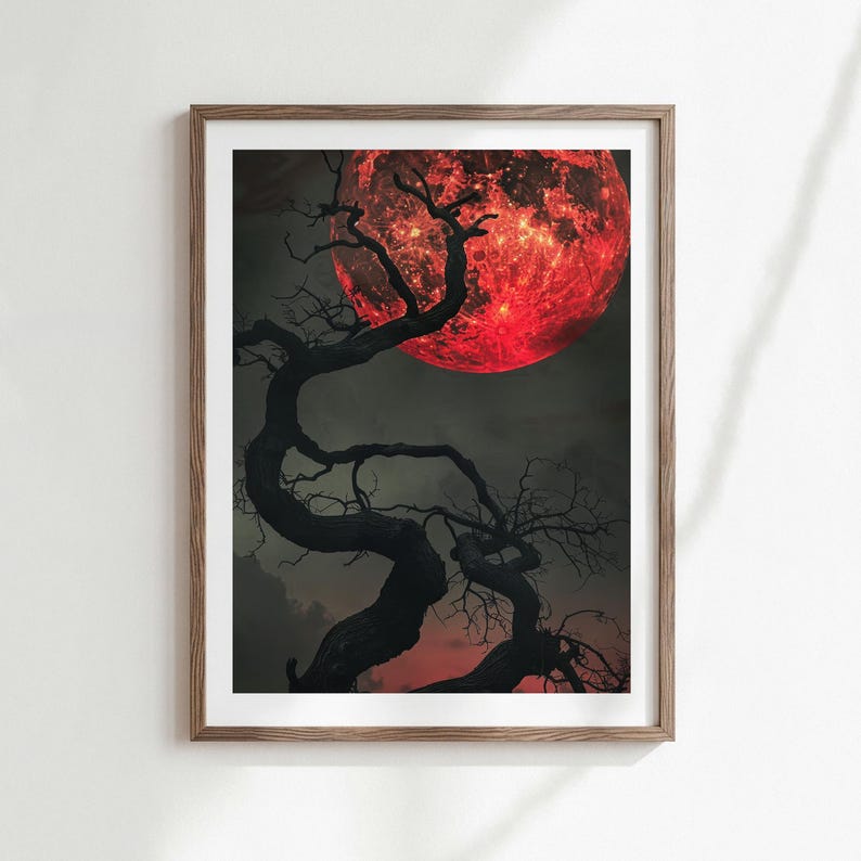 Gothic Red Moon Wall Art Print, Twisted Tree Digital Download Print image 1