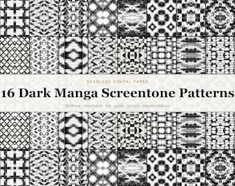 16 Dark Manga Screentone Seamless Patterns, Halftone Dot Ink Digital Paper, Monochrome Anime Backgrounds (Digital Download)