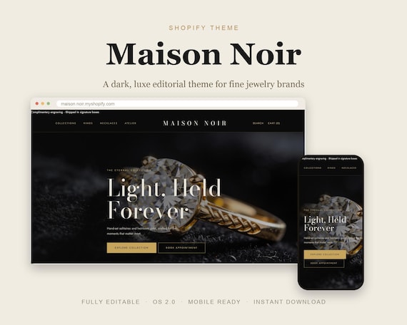 Maison Noir Shopify Theme, Dark Editorial Jewelry Website Template (In
