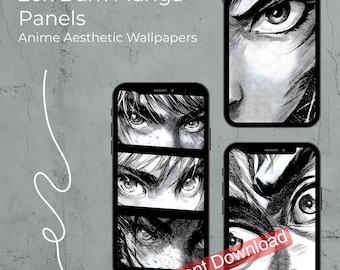 May include: Four smartphones displaying dark manga panels with anime aesthetic wallpapers. The phones showcase close-up illustrations of eyes in black and white. Text on the image reads "20x Dark Manga Panels" and "Instant Download".