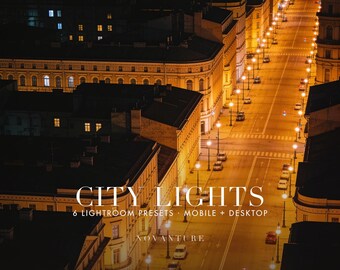 May include: A digital product graphic featuring an aerial night view of a city street illuminated by warm yellow streetlights. The text reads CITY LIGHTS, 6 LIGHTROOM PRESETS, MOBILE + DESKTOP, and NOVANTURE in white, centred over the urban scene.