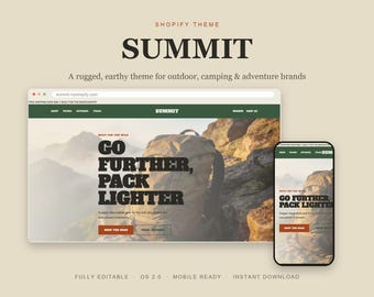 Outdoor Shopify Theme, Adventure Camping Gear Template, Rugged OS 2.0 Website, Instant Download