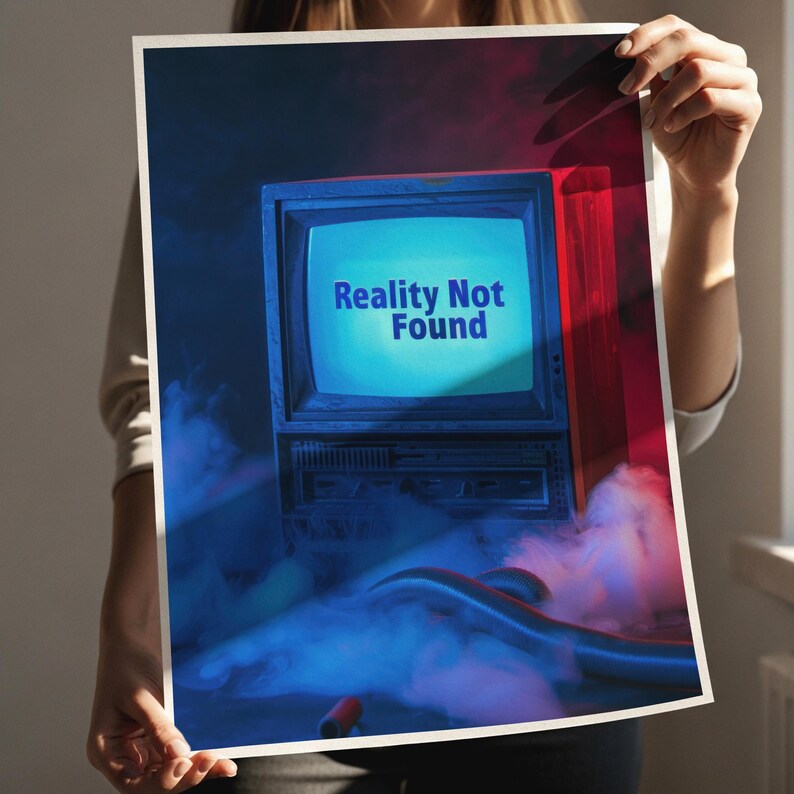 May include: A print featuring a vintage television with the words "Reality Not Found" on the screen. The image has a blue and red color scheme with smoke-like effects around the television.