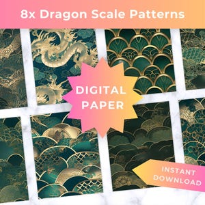 Emerald Gold Dragon Scale Seigaiha Pattern (Digital Download) image 1