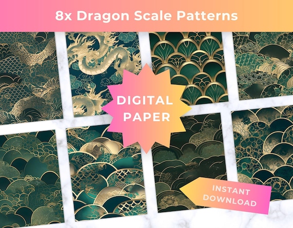 Emerald Gold Dragon Scale Seigaiha Pattern (Digital Download)