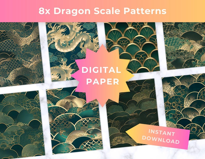 Emerald Gold Dragon Scale Seigaiha Pattern (Digital Download) image 1