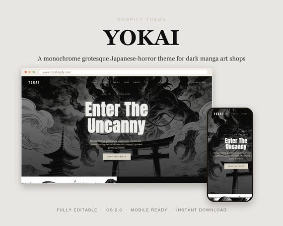 Yokai Shopify Theme, Dark Japanese Horror Manga Art Store (Instant Dow
