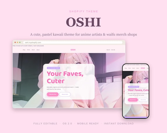 OSHI Shopify Theme, Pastel Kawaii Anime Merch Website (Instant Downloa