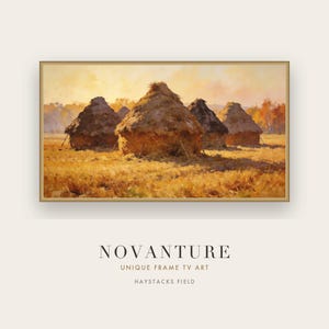Arte impresionista de almiares en un campo, paisaje otoñal dorado (descarga digital)