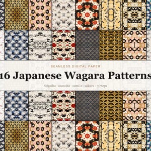 Puede incluir: Una colección de 16 patrones japoneses Wagara presentados como papel digital sin costuras. La cuadrícula muestra varios diseños, incluyendo motivos Seigaiha, asanoha, sumi-e y sakura en diversas paletas de colores. Texto: Seamless Digital Paper 16 Japanese Wagara Patterns Seigaiha - asanoha - sumi-e - sakura - 3072px.