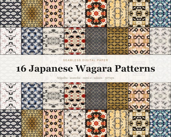 16 Japanese Wagara Sumi-e Seamless Patterns, Traditional Seigaiha Asan