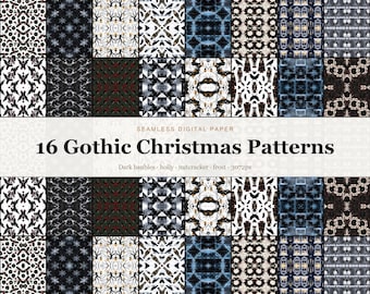 16 Gothic Christmas Seamless Patterns, Dark Winter Moody Holiday Digital Paper, Black Christmas Backgrounds (Digital Download)