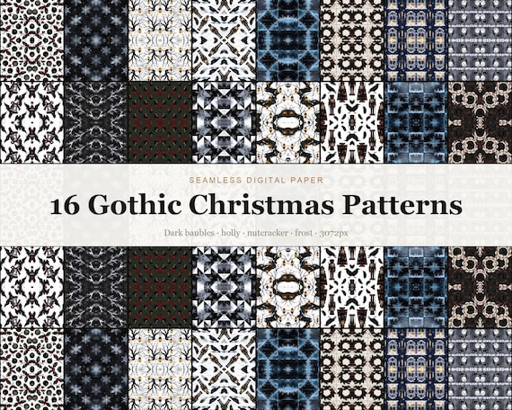 16 Gothic Christmas Seamless Patterns, Dark Winter Moody Holiday Digital