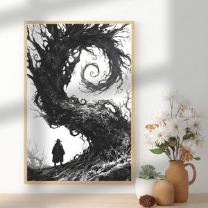 May include: Black and white art print featuring a silhouetted figure standing before a large, swirling tree. The artwork has a dark, gothic aesthetic, with intricate details in the tree's branches and a stark contrast between light and shadow. The print is framed in a light wood.