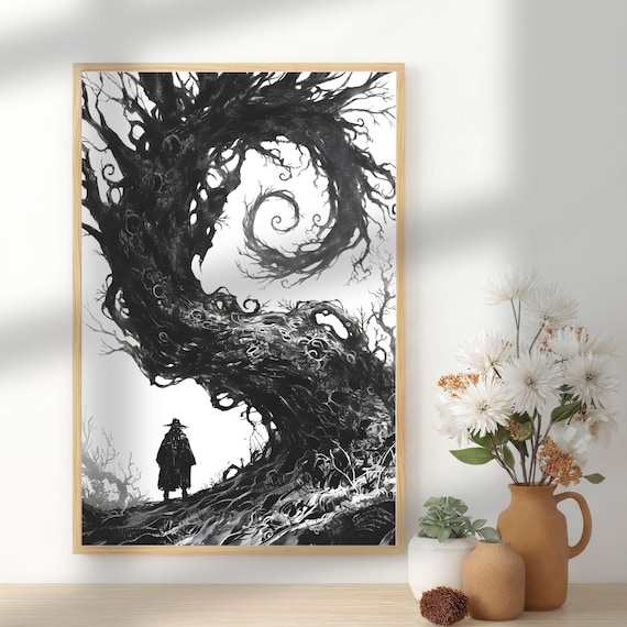 Grotesque Tree Triptych Print: Junji Ito Style Horror Manga Art (Digit