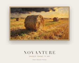 Samsung Frame TV Art Hay Bales Field Rustic Landscape Warm Golden Harvest Painting