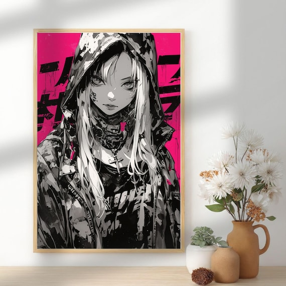 Techwear Anime Girl Print: Split Dye Waifu Urban Grunge Manga Wall Dec