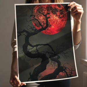 Gothic Red Moon Wall Art Print, Twisted Tree Digital Download Print image 3