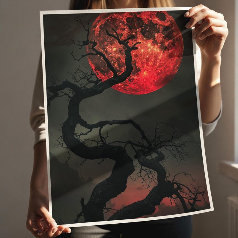 Gothic Red Moon Wall Art Print, Twisted Tree Digital Download Print image 3