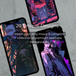 May include: Three smartphones displaying aesthetic digital art. The screens showcase anime-style illustrations in various color schemes. Text on the screens reads "20 Unique Designs" and "Match your daily mood. A complete collection of premium aesthetic backgrounds."