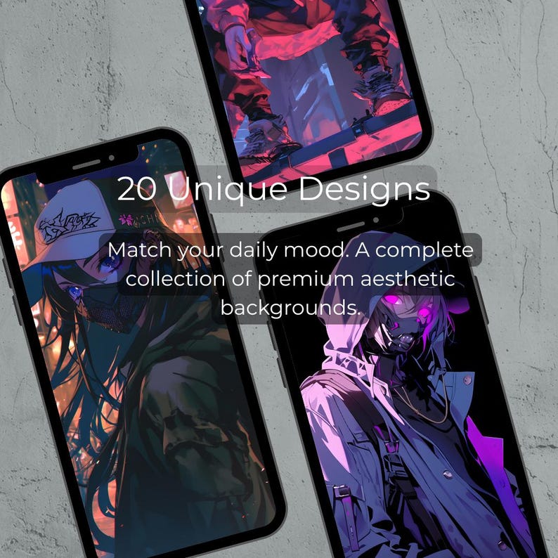 May include: Three smartphones displaying aesthetic digital art. The screens showcase anime-style illustrations in various color schemes. Text on the screens reads "20 Unique Designs" and "Match your daily mood. A complete collection of premium aesthetic backgrounds."